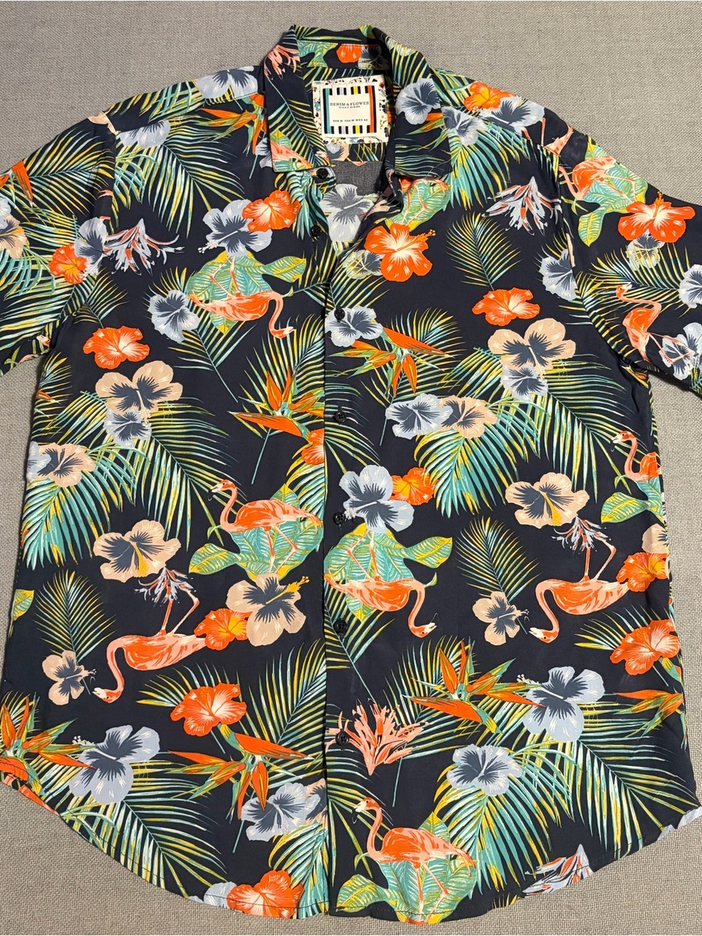 Denim & Flower Tropical Flamingo Print Button-Down Shirt - Navy/Orange/Green
